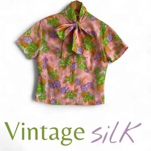 Vintage Floral Crop Top Long Tied Neckline- Pink and Green